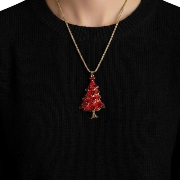 Betsey Johnson Christmas Tree Adj. Necklace Red Crystal Gold Chain BJ Charm - Picture 8 of 11